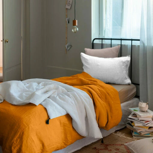 Housse De Couette Enfant Lin Et Coton Lavé Songe Curcuma -feuille Soldes Magasin housse de couette enfant lin et coton lave songe curcuma