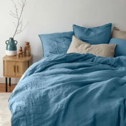 Housse De Couette Lin Et Coton Lavé Songe Bleu Baltique -feuille Soldes Magasin housse de couette lin et coton lave songe bleu baltique 3