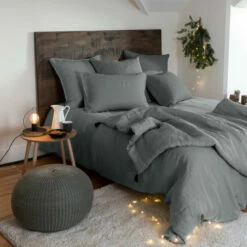Housse De Couette Lin Et Coton Lavé Songe Kaki Cendré